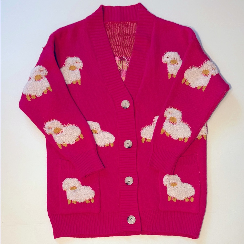 Fun pink cardigan with sheep design